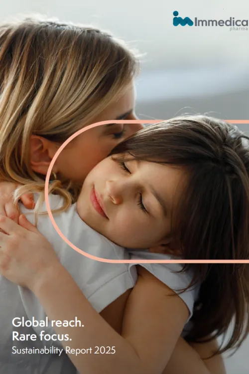 Two people hugging on Immedica Sustainability report cover image